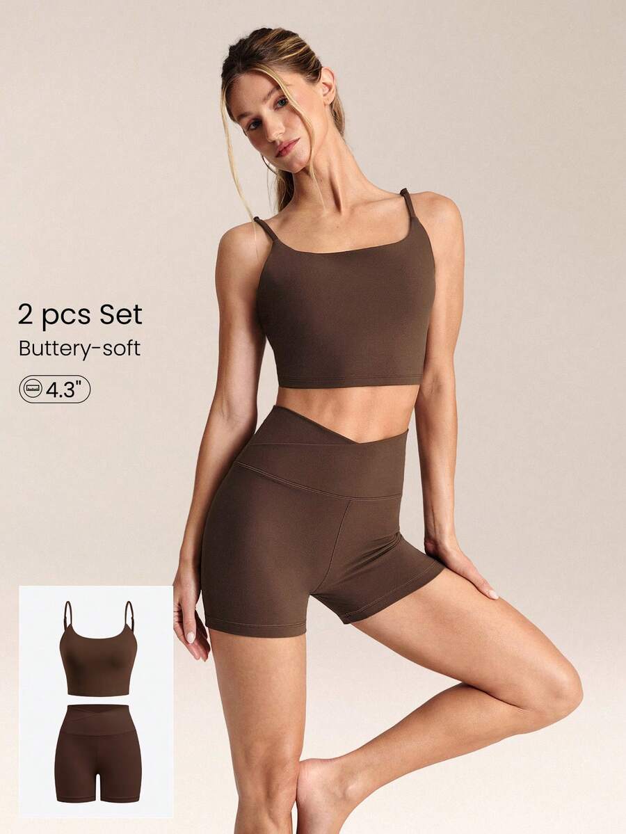 GLOWMODE FeatherFit™ Better Together Twisted Backless Removable Cups Adjustable Straps Square Neckline Tank & 4.3" Buttery-Soft Sweat-Wicking Crossover Waist Biker Shorts Low Impact Yoga Cycling Running Gym Daily Active Wear - Brown - View 1