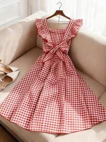 GlowEve Women's Flare Sleeve Red And White Plaid Pattern Bow Tie Back Design A-Line Waist Flattering Elegant Everyday Casual Vacation Picnic Party Commute Fashion Date French Street Retro Versatile Spring Summer Midi Dress - Red and White - View 2