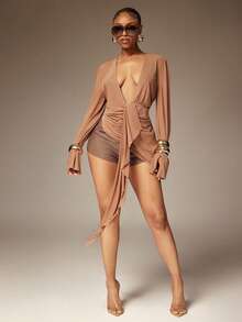 Denimoi Women's Asymmetrical Design Sexy Deep V-Neck Mesh Blouse - Brown - View 2