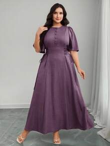 Modelyn Đầm dự tiệc thanh lịch cổ tròn xếp ly thắt eo màu trơn dành cho nữ cỡ lớn - Màu tím - Xem 4