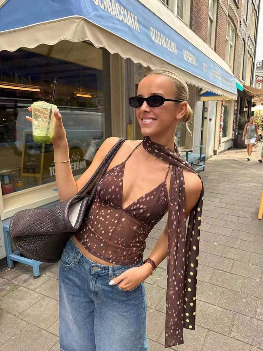 Aloruh Women's Polka Dot Print Plunging Neck Sexy Fashion Halter Camisole - Rust Brown - View 1