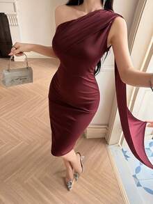 Feyla Đầm dự tiệc thời trang nữ màu trơn, dây mảnh, dài ngang gối - Đỏ - Xem 7