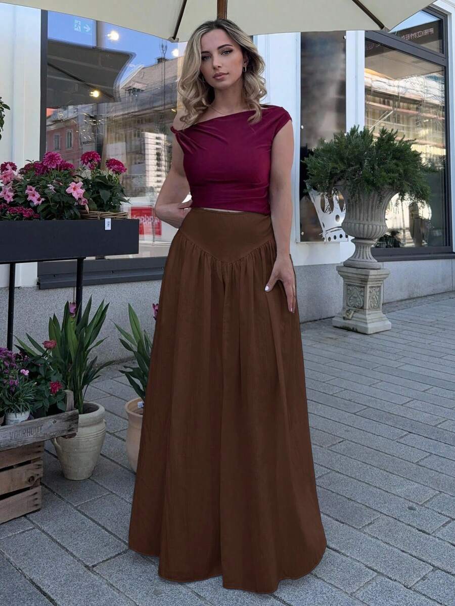 Jeta Ari 女士褶饰高腰 A 字型优雅正品口袋半身裙 - 棕色 - 查看 1