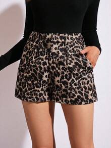 Lavishia Leopard Print Slant Pocket Shorts Fall Women With Pockets - Mocha Brown - View 4
