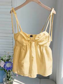 Comfortcana Áo camisole nữ mùa hè xếp ly kẻ sọc kiểu dáng thường ngày đi nghỉ mát - Màu vàng ngỗng - Xem 6