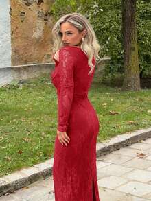 Jeta Ari Women's New Autumn/Winter Party Date Night Sexy S-Shaped Lace Long Sleeve Bra Cup Fishbone Square Neck Bodycon Dress, Black,Summer Dresses For Women - Burgundy - View 4