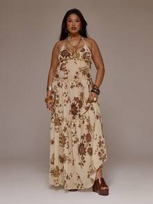 MUSERA Große Größen Blume Muster Chiffon Neckholder Mehrstufiges Locker Sitzendes Fließendes Maxikleid für Frühling Sommer Urlaub Strand Elegant Ibiza Festival Feiertag Tajine Abschluss Langes Kleid - Verschiedenfarbig - Übersicht 1