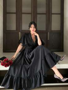 DAZY Đầm hè tay ngắn xếp ly phối họa tiết eo, cổ choàng dành cho nữ. - màu đen - Xem 7