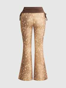 ROMWE Avant Y2K Sexy Low-Waist Tight Deer Print Flare Pants - Khaki - View 2