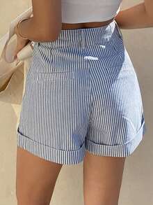 Livesso 女士条纹翻边口袋高腰休闲百搭牛仔短裤，春夏款 - 藍色 - 查看 2