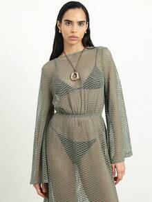 KSTM Vestido largo tipo cubre con mangas largas acampanadas y detalle de lazo en la espalda, de malla de ganchillo y ojales en color verde salvia - Verde - Ver 4