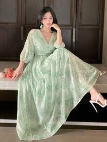 Vivie Lora 绿色女士V领修身中长款印花连衣裙 - 綠色 - 查看 1