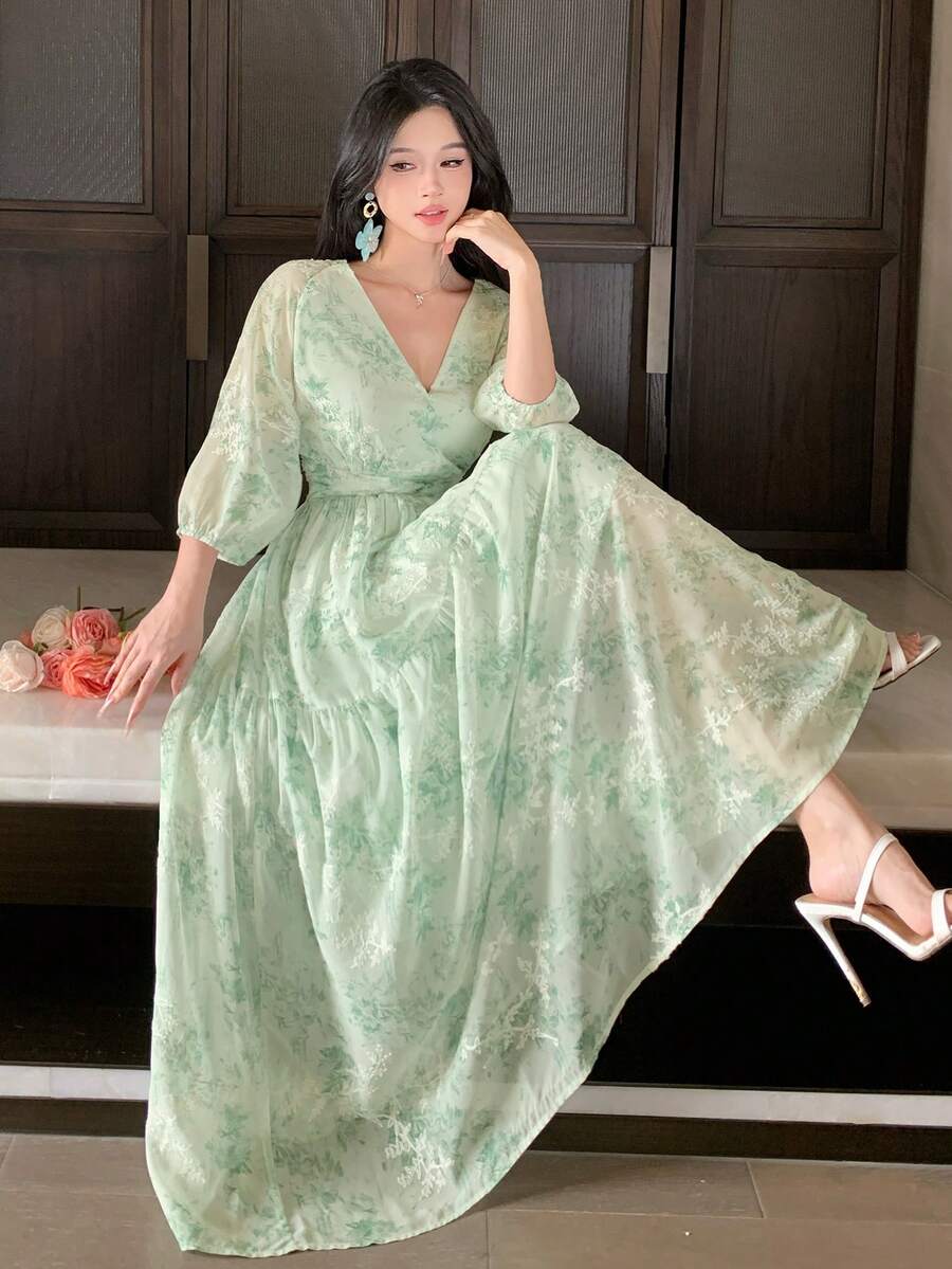 Vivie Lora 绿色女士V领修身中长款印花连衣裙 - 綠色 - 查看 1