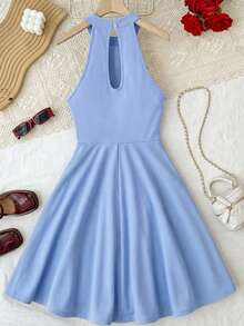 SHEIN 少女浅蓝色针织露背无袖收腰A字连衣裙，适合圣诞节和新年穿着 - 淺藍色 - 查看 2