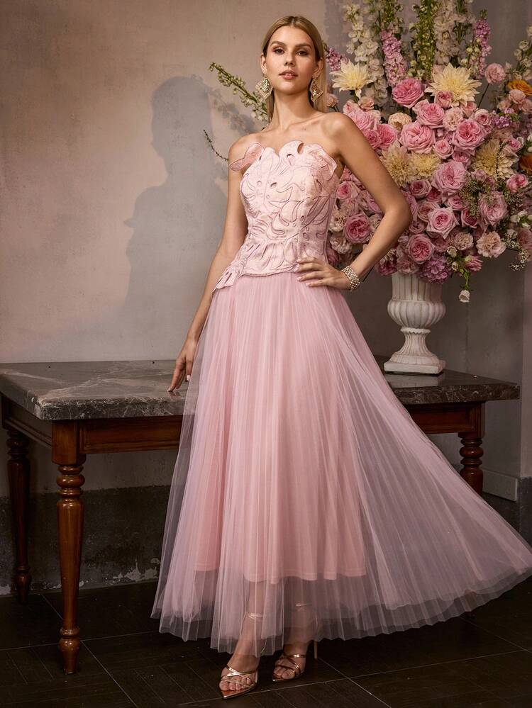 MOTF Soiréza WOMEN'S EMBROIDERED MESH DRESS, ROMANTIC ELEGANT FORMAL GOWN