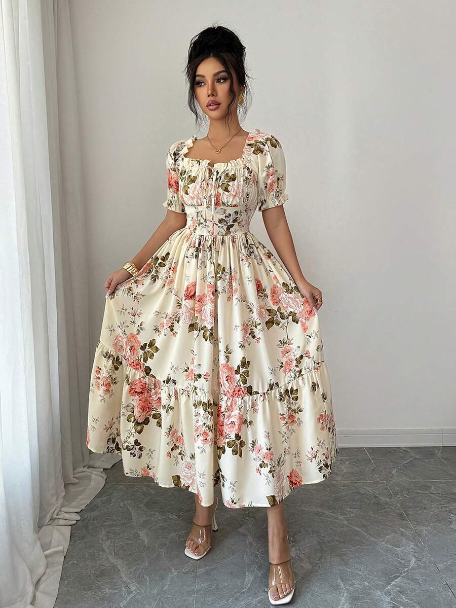 Elenzga Floral Print Petal Sleeve Ruffle Hem Waist Cinched Mini Dress - Pink - View 1