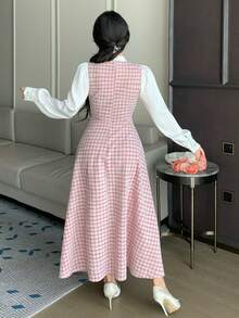 DAZY 春夏粉色格子两件套衬衫裙，优雅百搭，适合情人节、婚礼、派对、时尚活动等场合，修身剪裁，中长款 - 粉色 - 查看 6