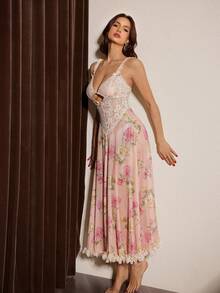 Slumberist Heavily Embroidered Floral Lace & Mesh Sheer Lace Splice Sexy Camisole Nightgown Sexy Night Gown Long Lingerie Dress Sheer Nightgown Spaghetti Strap Lace Nightgown Summer Night Gown - Pink - View 7