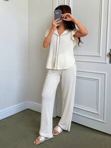 SHEIN Napfluff Women's Casual Textured Jacquard V-Neck Ruffle Trim Loungewear Set - Apricot - View 4