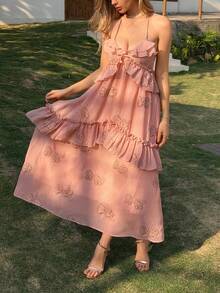 Livesso Women's Floral Embroidery Ruffle Trim Halter Neck Backless Mid-Length Dress Cruise Outfit For Women - Pink - View 7