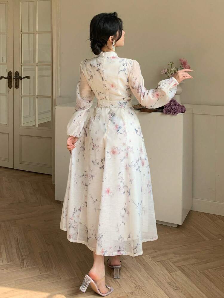 Women's Elegant Floral Print Stand Collar Belted Mid-Length Dress, Spring/Summer,Wedding Guest Dress Women Sundress