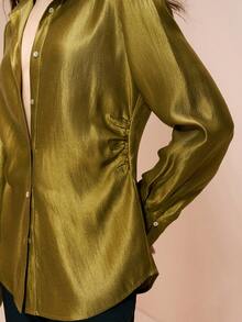 Arave Women's Shirt, Satin Textured Fabric, Fitted Design, Lapel Collar, Shell Buttons, Slightly Flared Long Cuffs, Metallic Sheen. Elegant For Dates, Everyday Commutes. Luxury Women's Blouses. - Mustard Yellow - View 7