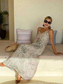 Livesso Geometric Print Bohemian Casual Vacation Beach Elegant Commute Loose Spaghetti Strap Dress For Women, Spring & Summer - Apricot - View 6