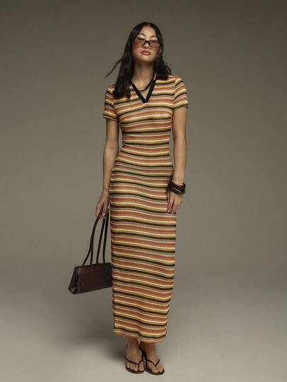 COSMINA 女士优雅V领短袖条纹撞色连衣裙，通勤和外出皆宜，早春款式