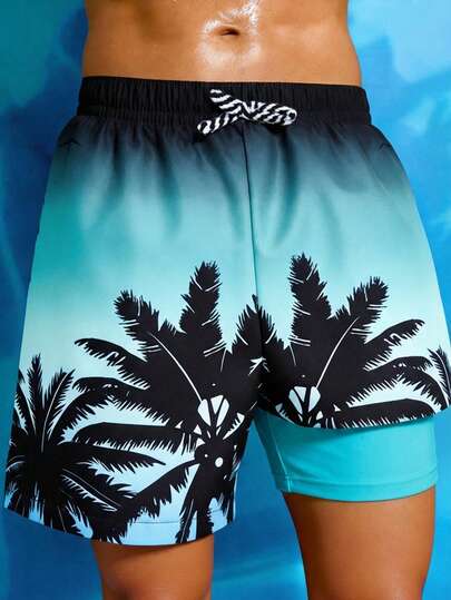 SHEIN 1 pieza Pantalones de playa con estampado de árbol de coco de dos piezas falso, estilo casual deportivo para niño preadolescente, adecuado para vacaciones, viajes, deportes y temporadas de primavera y verano