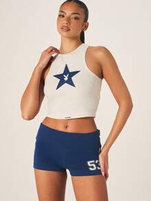 Missguided x Playboy Logo Star Applique Racerback Tank Top Crop Length Sleeveless Graphic Tank Top Casual Summer Spring Streetwear - Light Grey - View 4