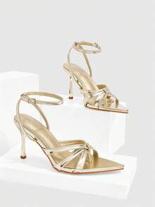 CUCCOO SZL Zapatos de mujer de tacón alto con puntera transparente de cristal, hebilla de strass y lazo, ideales para fiesta, trabajo y uso diario - Dorado - Ver 2