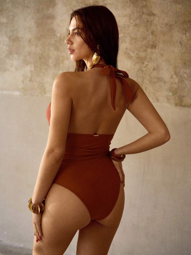 ELEGANT METAL DECOR HALTER ONE-PIECE SWIMSUIT FOR WOMEN, SUITABLE FOR BEACH & RESORT