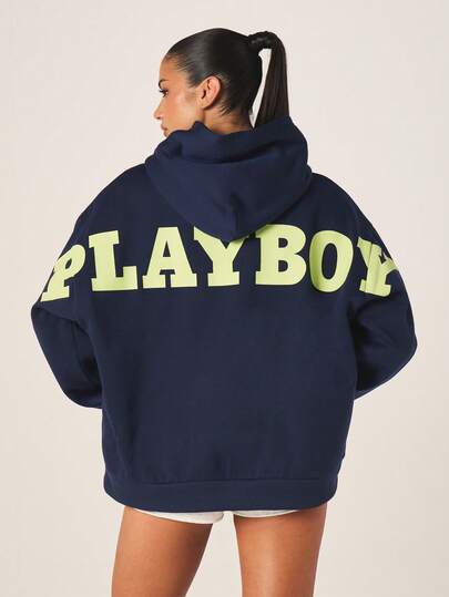 Missguided x Playboy Women Oversized Bunny Logo Hoodie With Centre Pocket Casual Fall Winter Streetwear Pullover