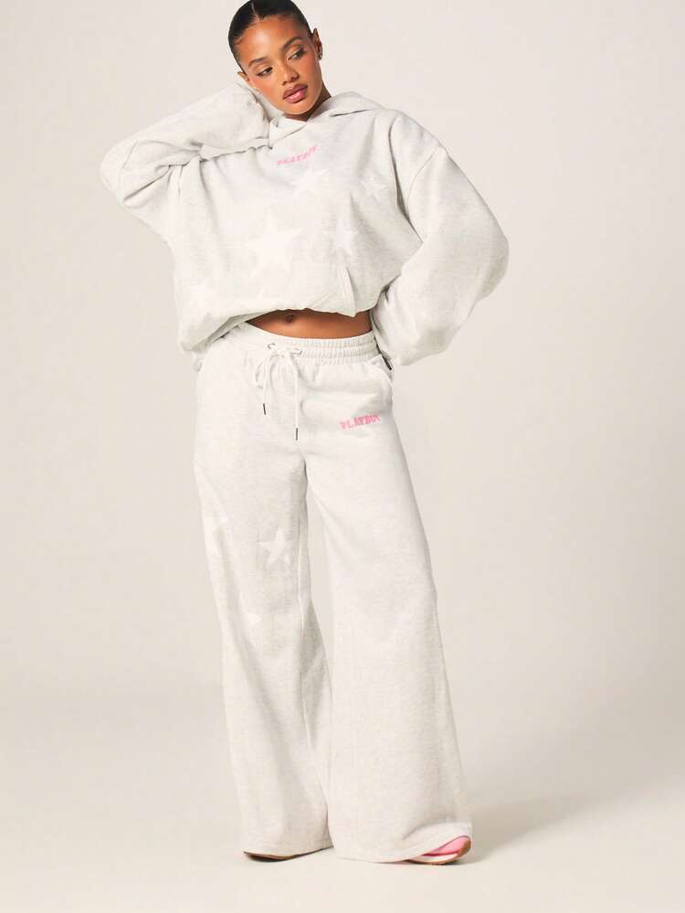 Missguided x Playboy Women's Star Graphic Heather Grey Wide Leg Jogger Sweatpants With Pink Logo Print Casual Drawstring Waist
