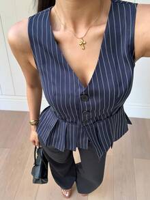 Siren Gaze 女士复古靛蓝条纹休闲马甲，春夏款 - 藏蓝色 - 查看 1