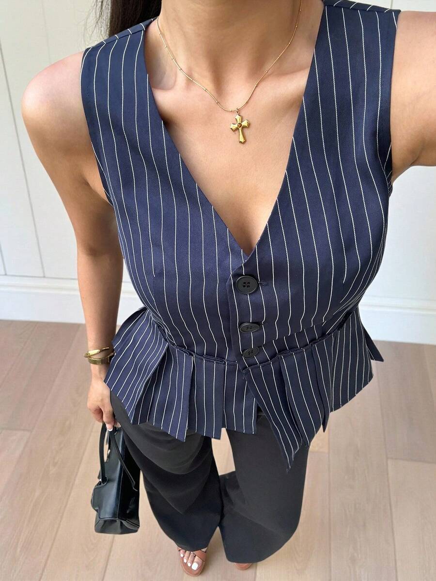 Siren Gaze 女士复古靛蓝条纹休闲马甲，春夏款 - 藏蓝色 - 查看 1