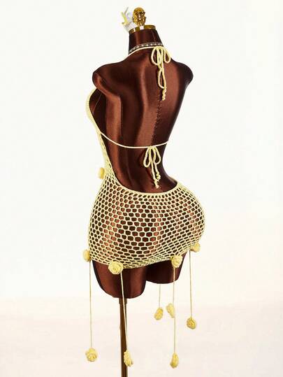 Amplova Women's Floral Spaghetti Strap Dress, Draped Floral Tassel Backless Tie Detail Sheer, Suitable For Vacation, Sexy & Alluring Style