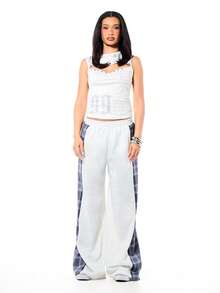 SUMWON WOMEN Women's Spliced Check Pattern Side Panel Wide Leg Drawstring Waist Joggers With Contrast Color Block Design Fall Winter Comfort Pants - Light Grey - View 3