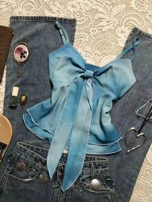 Glimmora 女士复古夏季新款渐变蓝色蝴蝶结吊带背心，宽松雪纺衬衫，精致叠穿设计上衣 - 淺藍色 - 查看 6