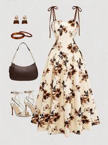 GlowEve 女士杏色底棕色碎花吊带A字连衣裙，优雅迷人，适合度假、通勤、音乐节、约会、法式波西米亚风、海滩、街头等场合，百搭实用，春夏新款杏色无袖连衣裙 - 彩色 - 查看 6