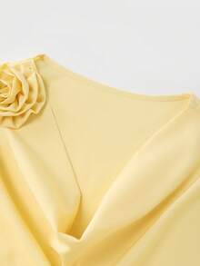 GlowEve Women's Shoulder Decor 3D Flower Design Draped Neck Blouse & Pants Spring & Summer 2-Piece Set - Light Yellow - View 6