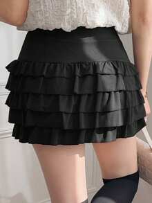 FRIFUL Women's Short Multi-Layer Patchwork Cake Skirt, Solid Color Summer Mini Skirt - Black - View 3