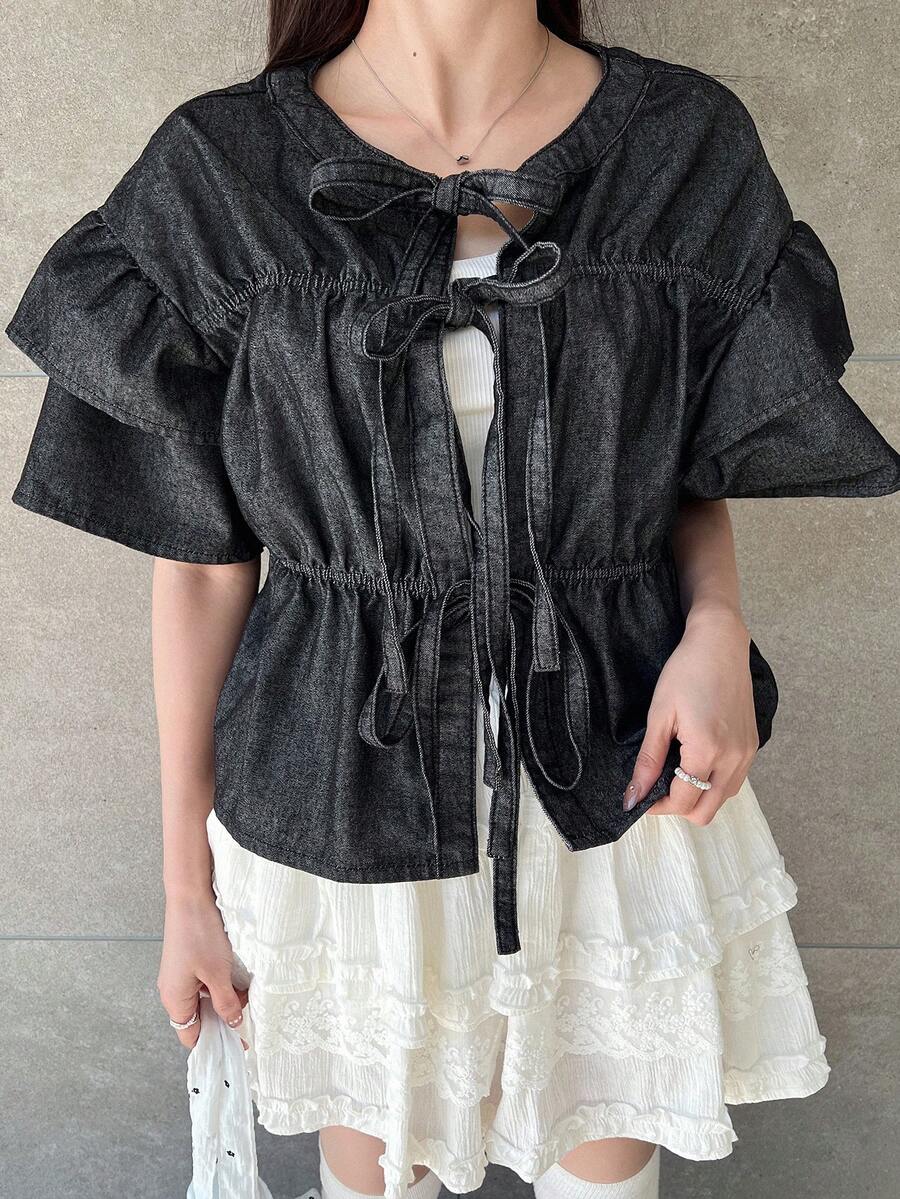 FRIFUL Áo sơ mi denim nữ kiểu dáng thường ngày, có bèo nhún và thắt dây, thích hợp cho mùa hè. - Xám - Xem 1