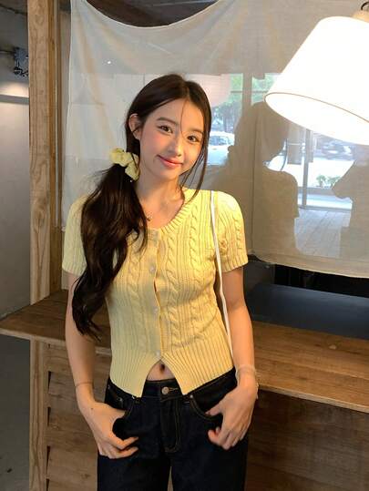 DAZY 女士休闲纯色短袖前开襟针织上衣，春夏款