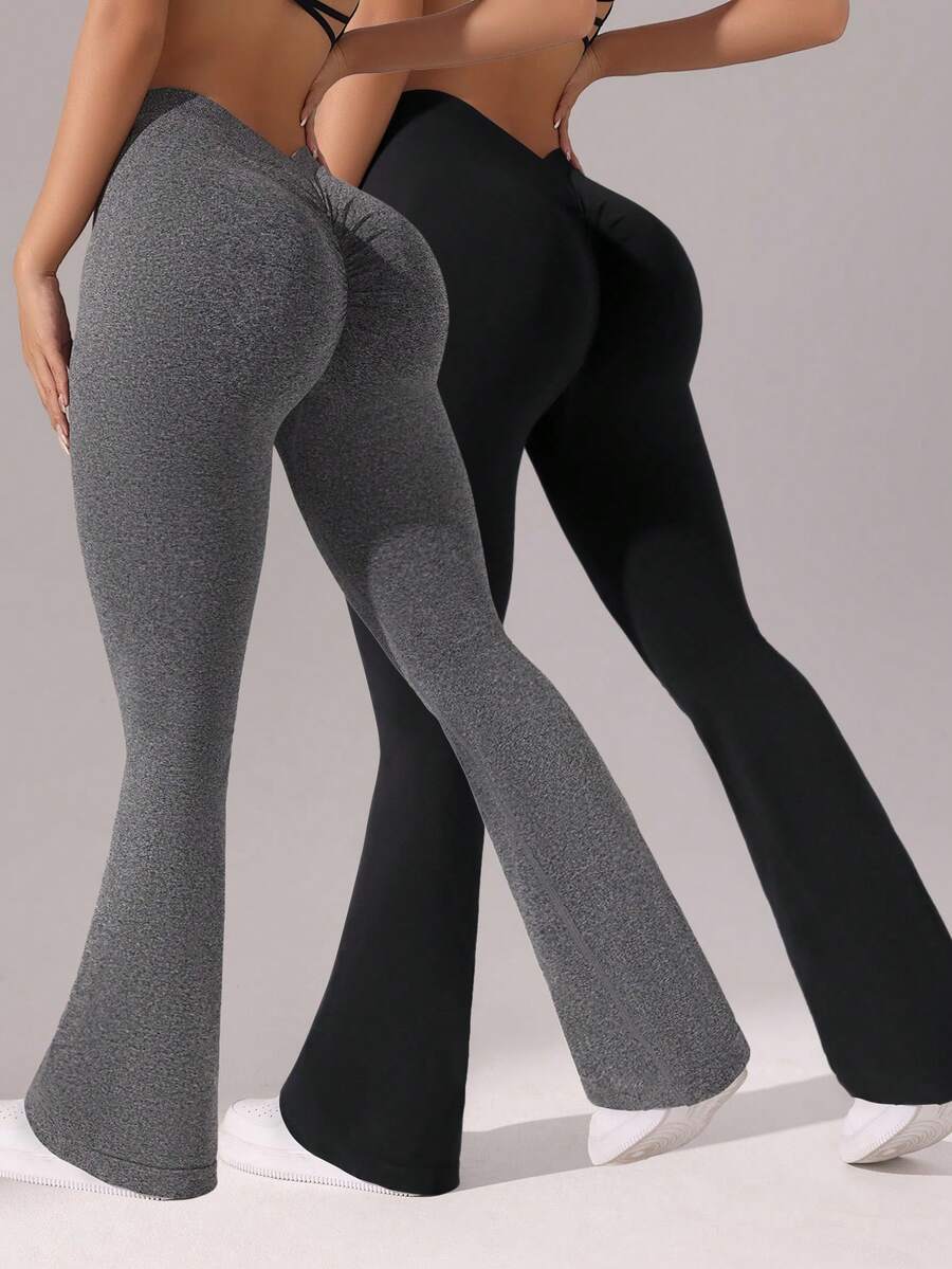Easithlete Versatile Solid Color High Waist Fitted Flare Yoga Pants - Multicolor - View 1