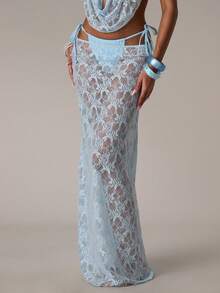 SHEIN BAE Women's Sexy Sheer Lace Low Waist Cover-Up Skirt, Suitable For Beach, Vacation - Baby Blue - View 7