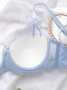 1pc Sheer Embroidered Mesh Babydoll Lingerie Set With Molded Cups And Underwire, Summer Holiday Sleepwear For Women, Pink - White - View 5