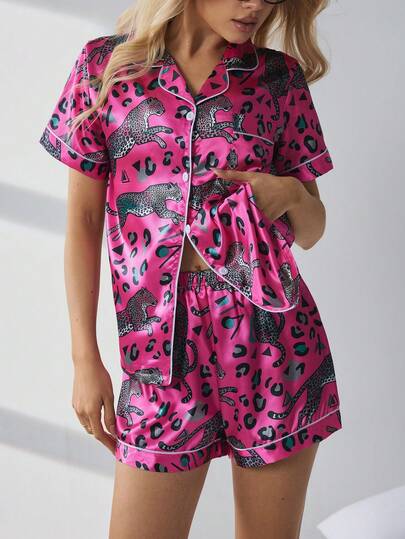 HautHeat Women's Leopard Print Short Sleeve Top And Shorts Pajama Set