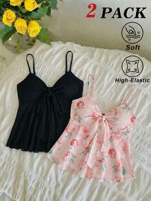 SHEIN MOD Bộ 2 áo hai dây nữ in hoa và màu trơn, kiểu babydoll, áo dễ thương, áo nơ, áo mùa hè, áo mùa xuân, áo thanh lịch, áo đi chơi, áo lưới, áo dự tiệc trà, áo nữ dễ thương, áo đi nghỉ mát, áo đi nghỉ lễ, áo thường ngày, áo đi biển - Nhiều màu - Xem 4