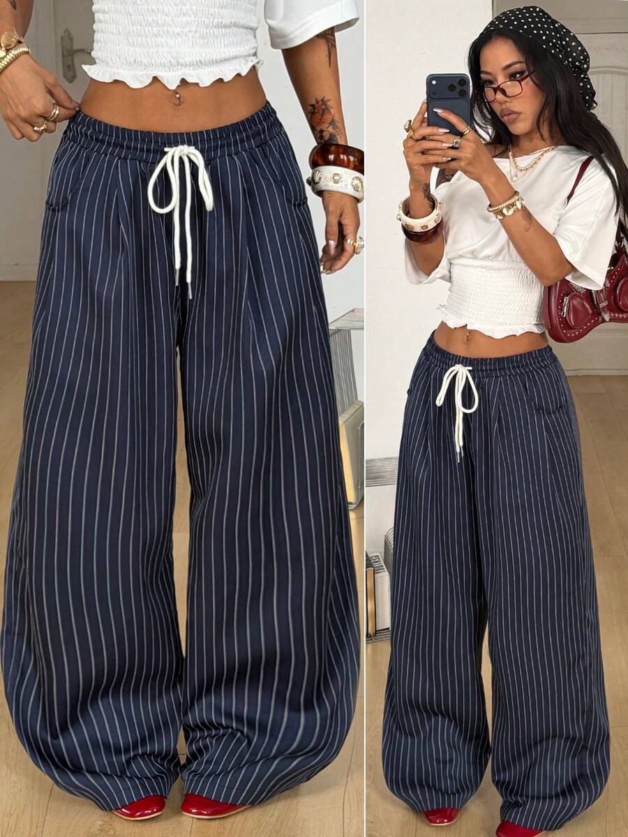 Coolane Quần nữ dáng casual màu xanh hải quân, in họa tiết sọc dệt, cạp chun, có dây rút - Màu xanh hải quân - Xem 1